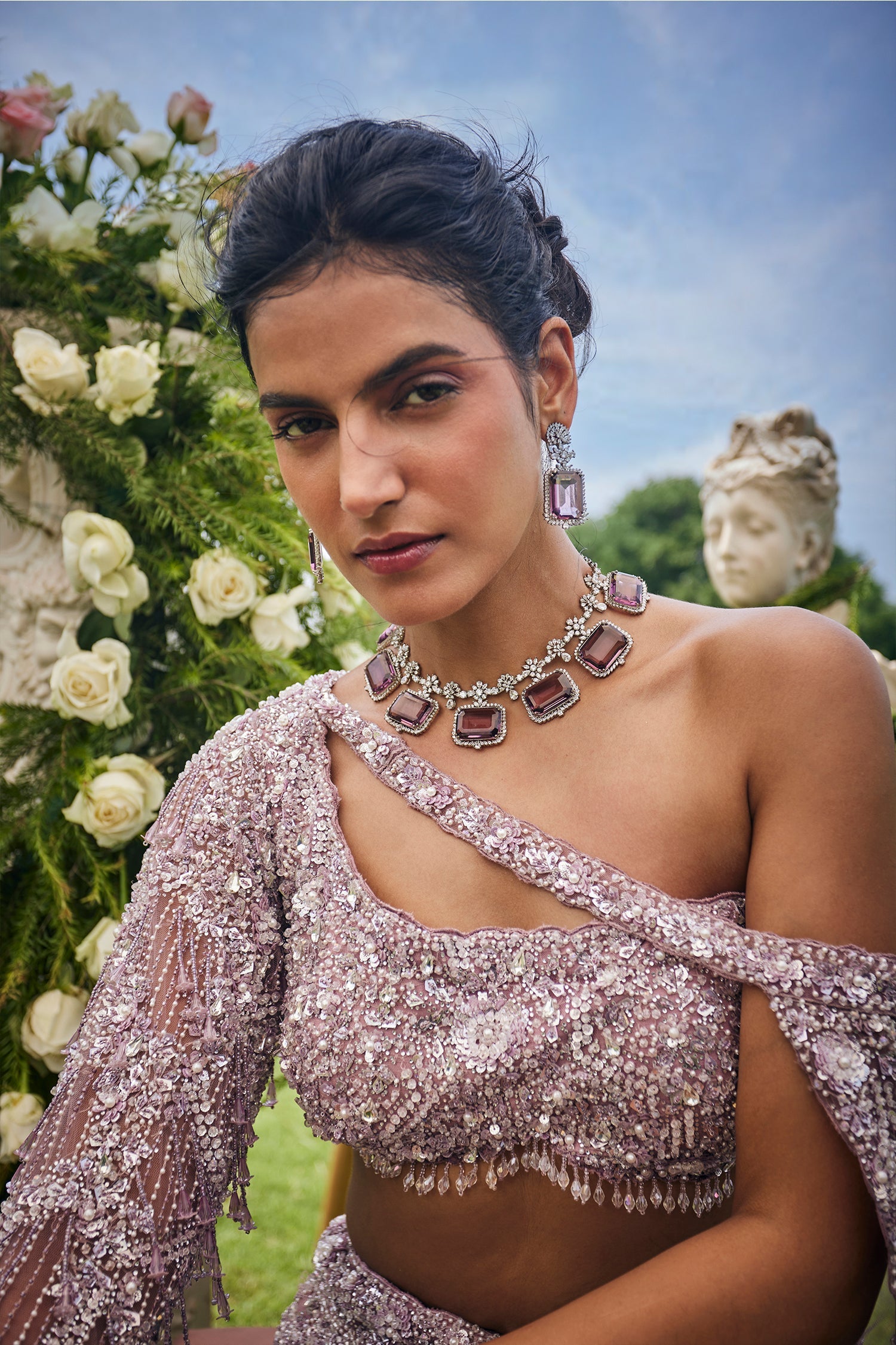 Dusty Pink Net Designer Sequin Beaded Lehenga with One Shoulder Blouse and Cape Dupatta