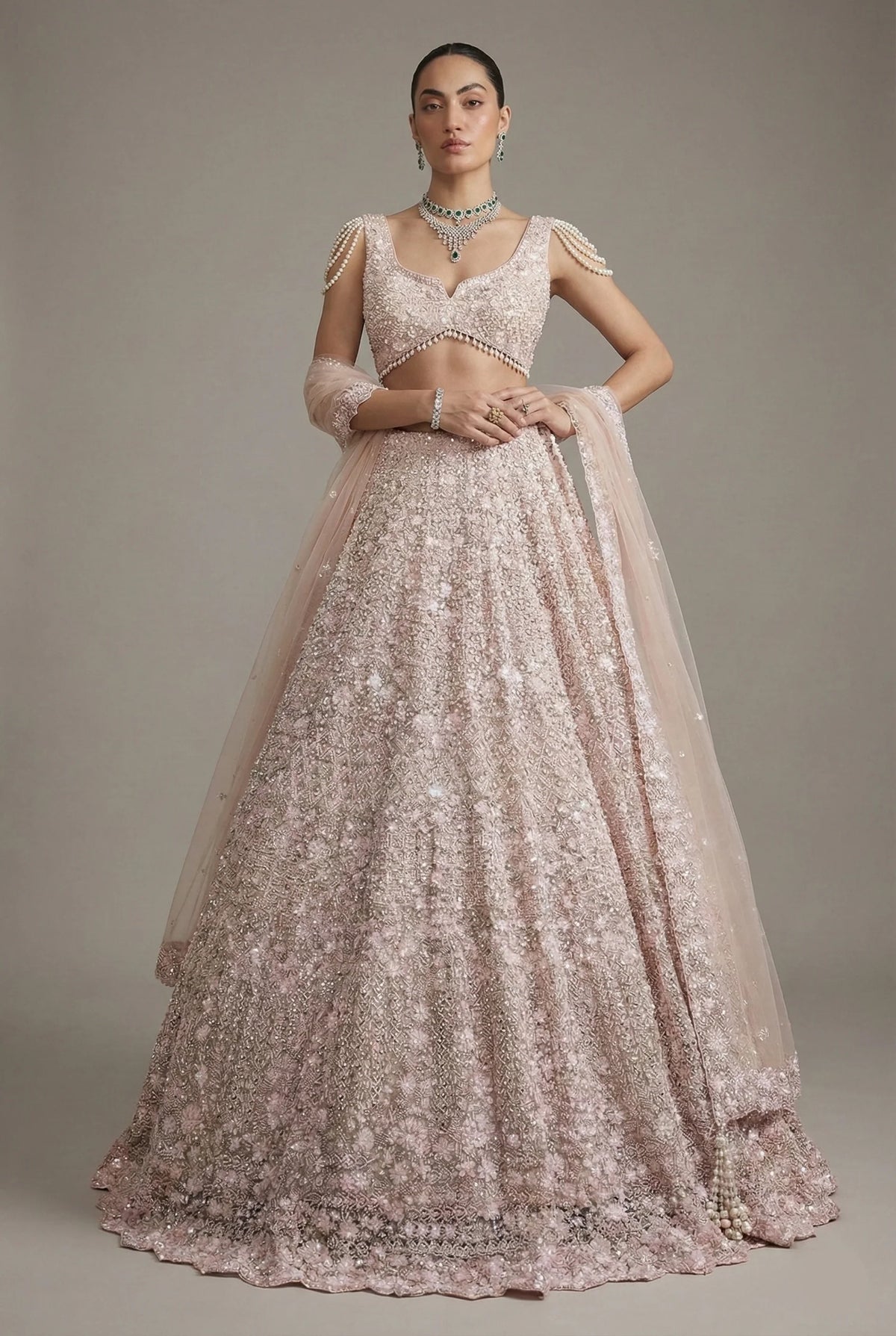 Peach Net Designer All Over Sequin Beaded Lehenga
