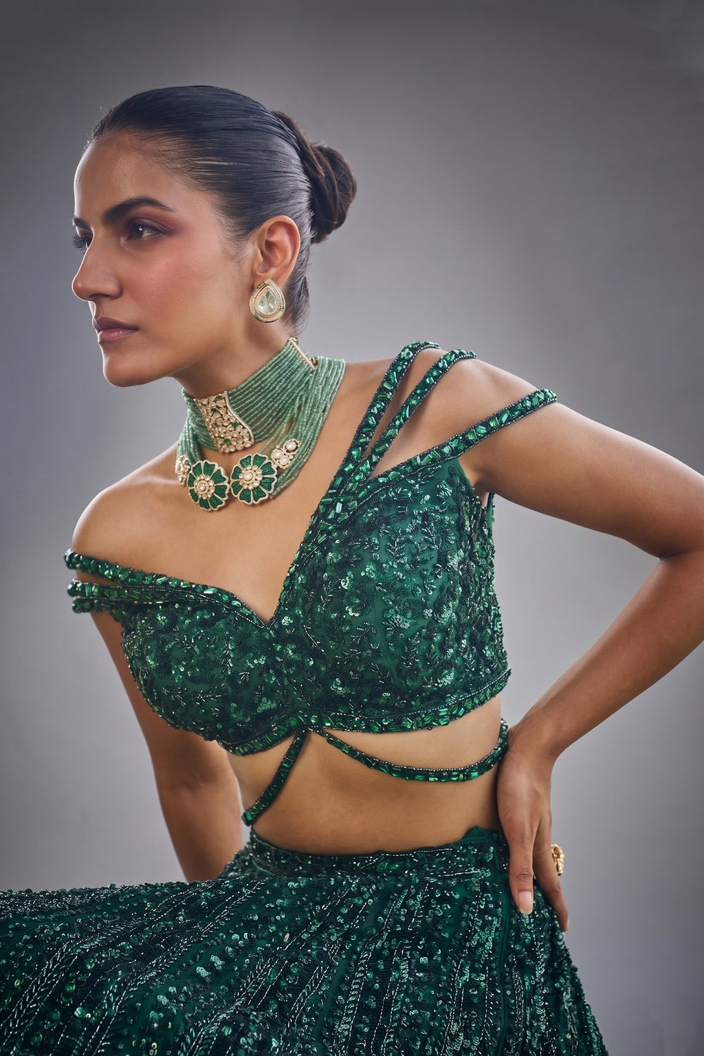 Dark Green Net Designer Sequin Cutdana Worked Lehenga with Embellished Blouse
