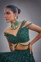 Dark Green Net Designer Sequin Cutdana Worked Lehenga with Embellished Blouse