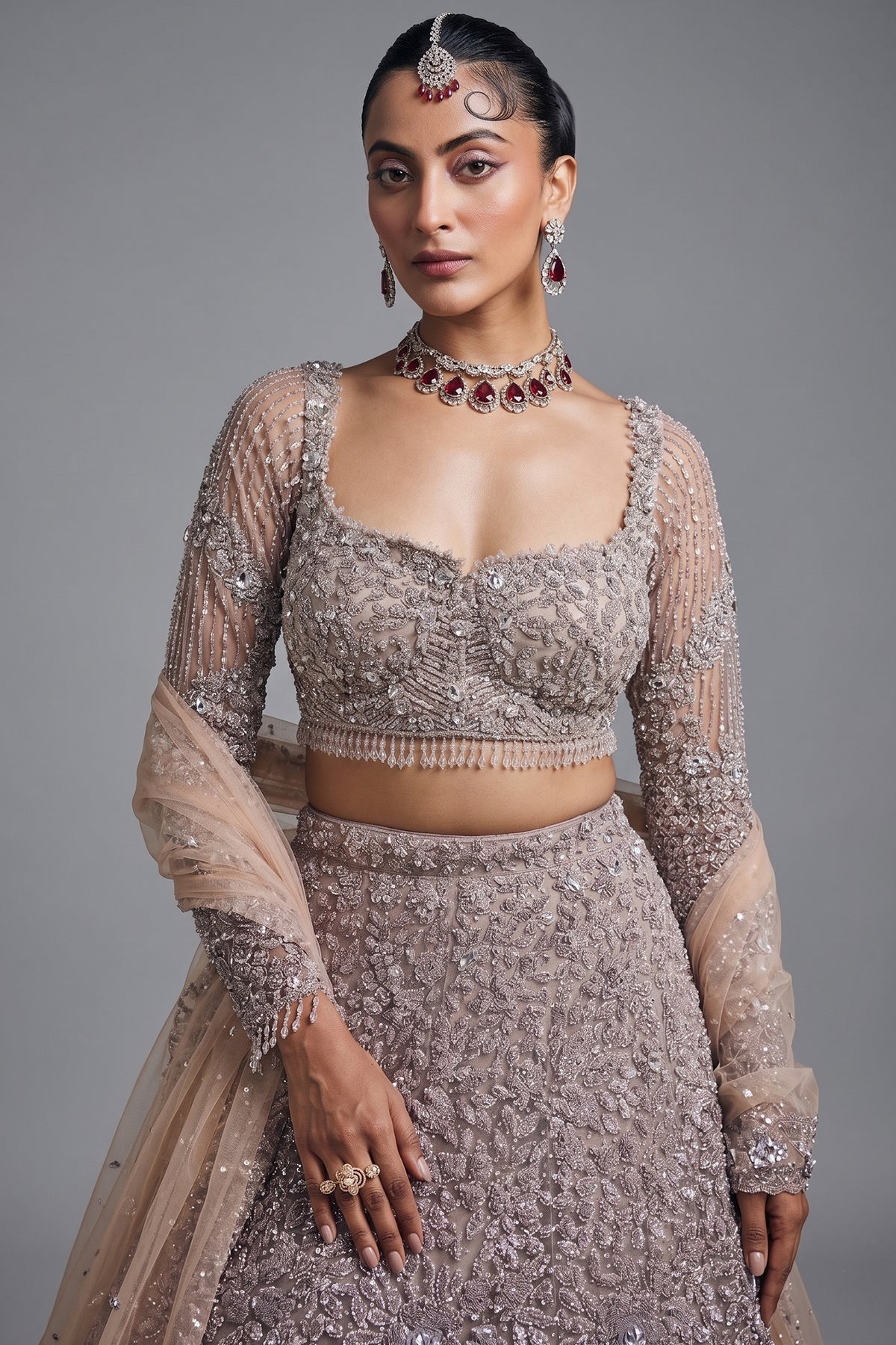 Brown Net Designer Embellished Lehenga with Heavy Work
