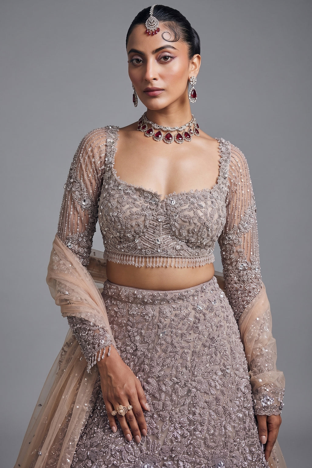 Brown Net Designer Embellished Lehenga with Heavy Work