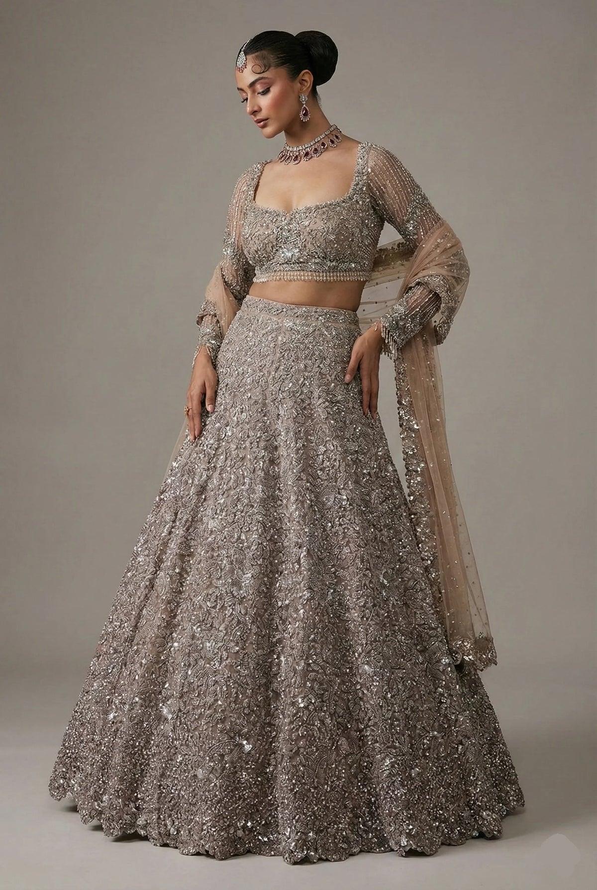 Brown Net Designer Embellished Lehenga with Heavy Work