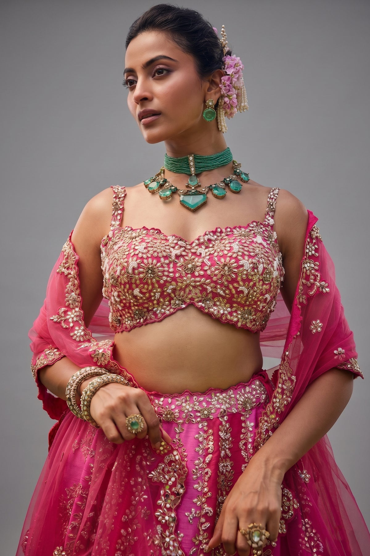 Pink Shaded Raw Silk Heavy Handworked Lehenga