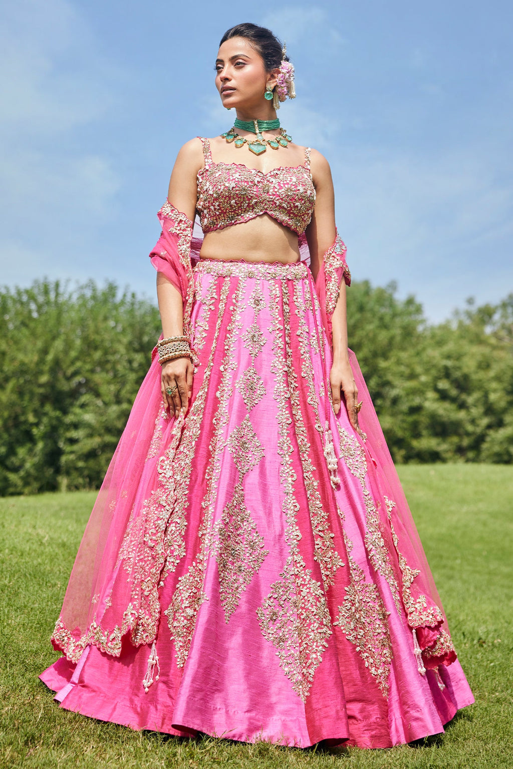 Pink Shaded Raw Silk Heavy Handworked Lehenga