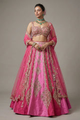Pink Shaded Raw Silk Heavy Handworked Lehenga