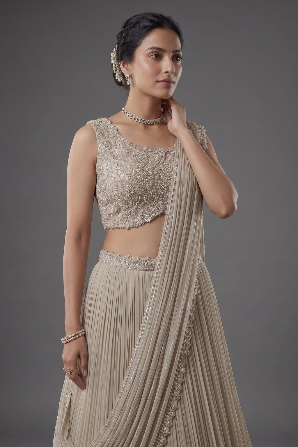 Grey Chinon Silk Sequin Cutdana Work Lehenga with Attached Dupatta