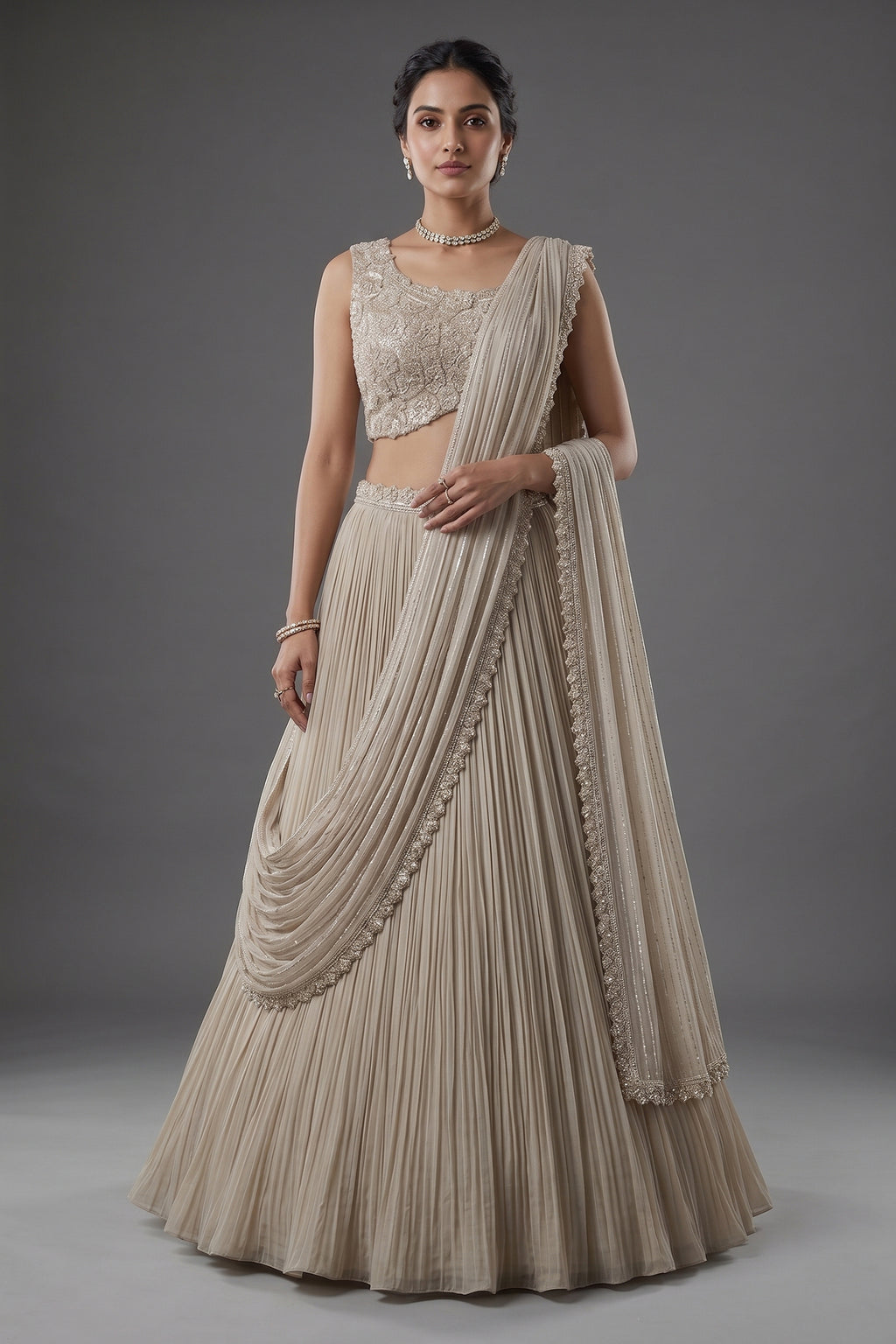 Grey Chinon Silk Sequin Cutdana Work Lehenga with Attached Dupatta