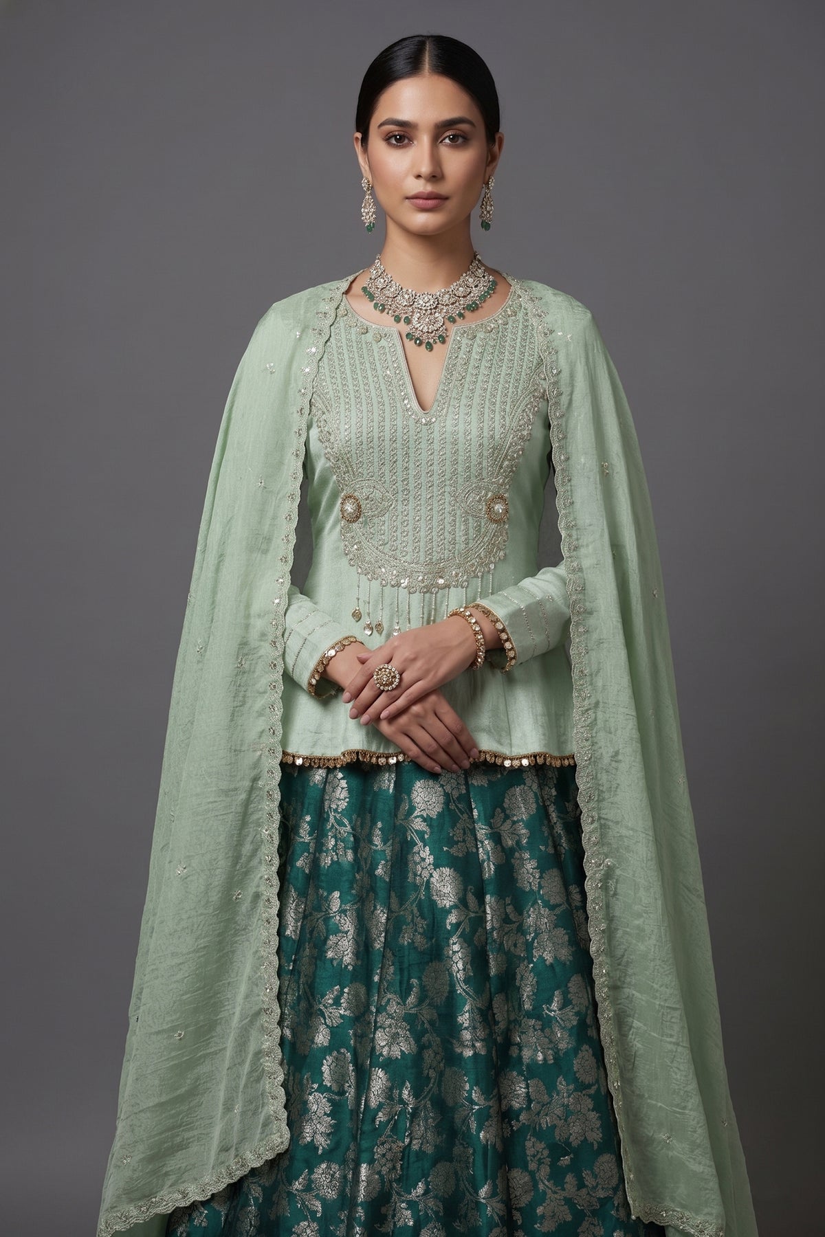 Teal Green Brocade Banarasi Silk Floral Woven Lehenga with Peplum Blouse