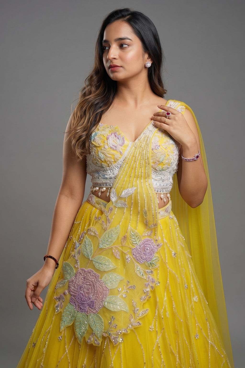 Yellow Net Floral Patch Lehenga with Sequin Beaded Work