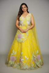 Yellow Net Floral Patch Lehenga with Sequin Beaded Work