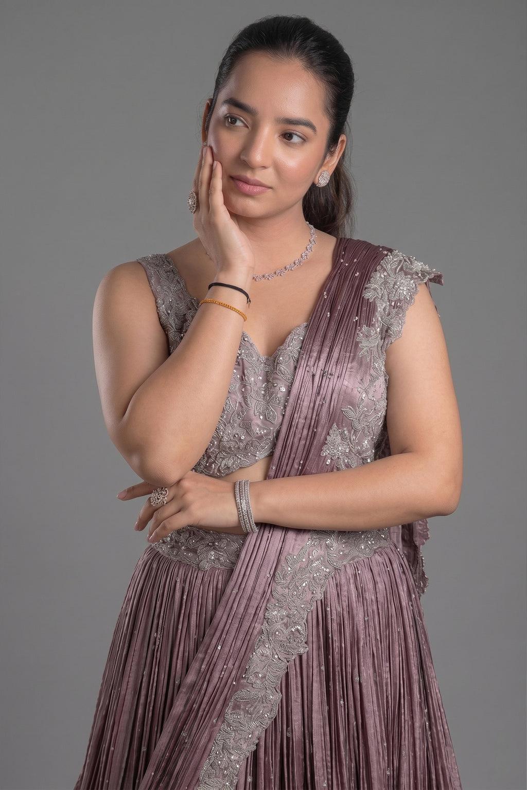 Mauve Chinon Silk Cutdana Sequin Work Lehenga with Attached Dupatta