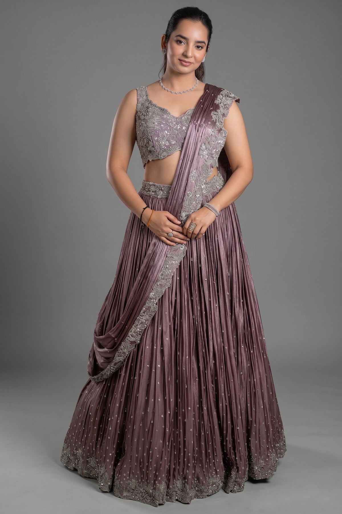 Mauve Chinon Silk Cutdana Sequin Work Lehenga with Attached Dupatta