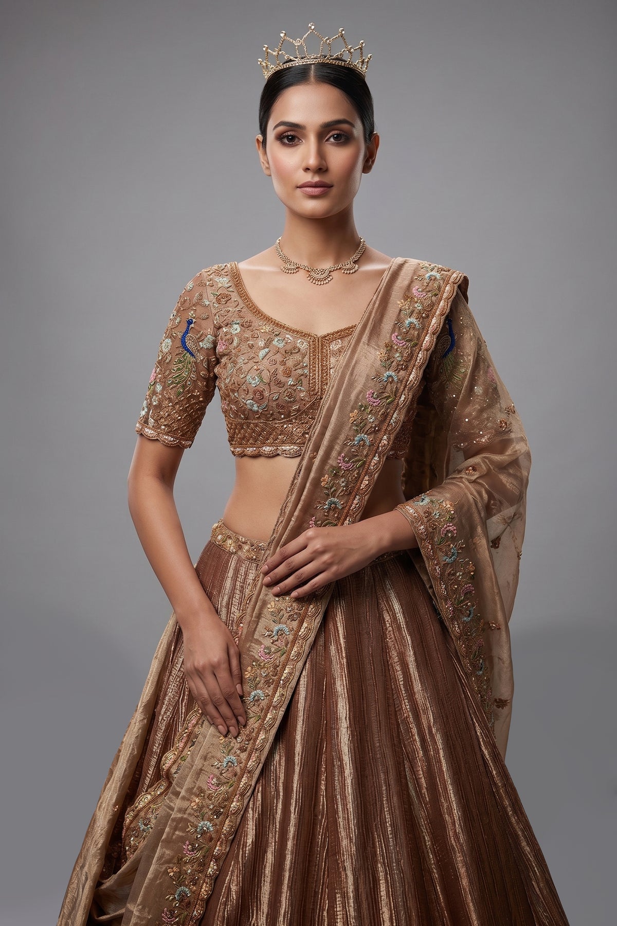 Chocolate Brown Munga Silk Woven Lehenga with Zardosi Beaded Work and Peacock Motif Broad Border