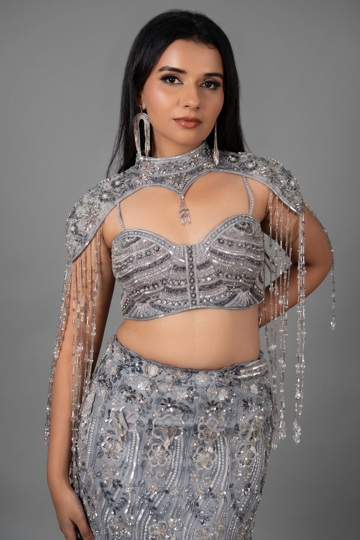 Powder Blue Net Fish Cut Designer Cutdana Sequin Worked Lehenga with Embellished Cape Blouse