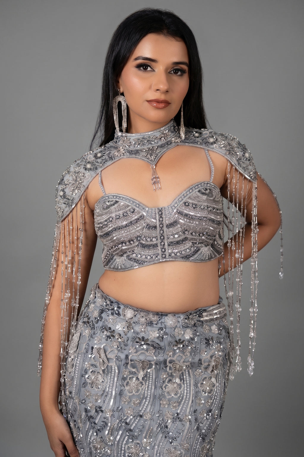 Powder Blue Net Fish Cut Designer Cutdana Sequin Worked Lehenga with Embellished Cape Blouse