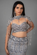 Powder Blue Net Fish Cut Designer Cutdana Sequin Worked Lehenga with Embellished Cape Blouse
