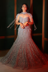 Powder Blue Net Fish Cut Designer Cutdana Sequin Worked Lehenga with Embellished Cape Blouse