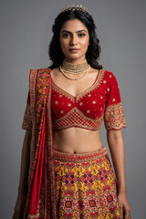 Yellow Silk Traditional Patola Lehenga with Sequin Zardosi Scallop Border