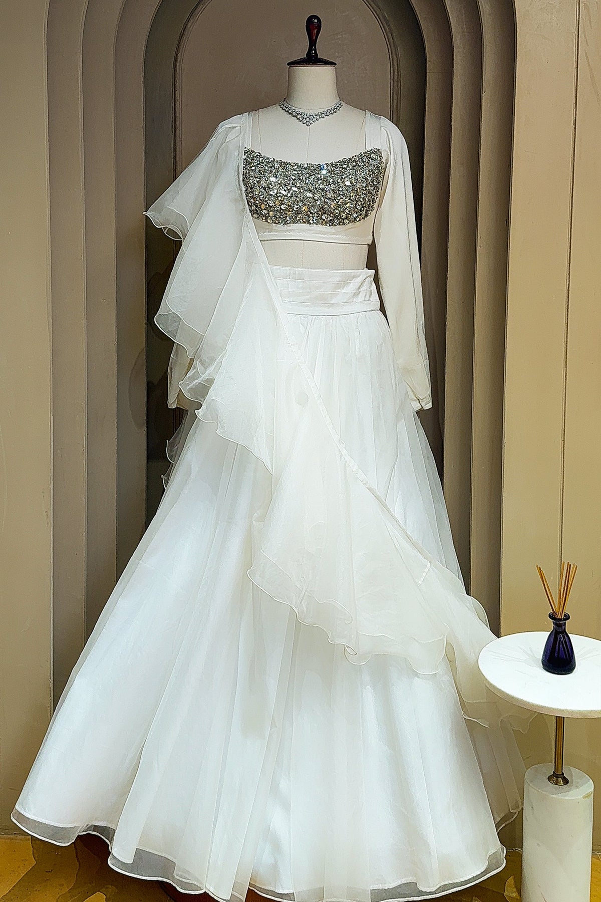 Pearl White Organza Lehenga with Stone Work and Attached Dupatta