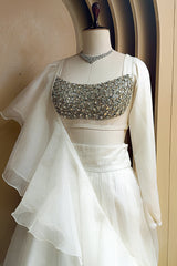 Pearl White Organza Lehenga with Stone Work and Attached Dupatta