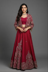 Deep Maroon Designer Handworked Raw Silk Crop Top Lehenga with Jacket