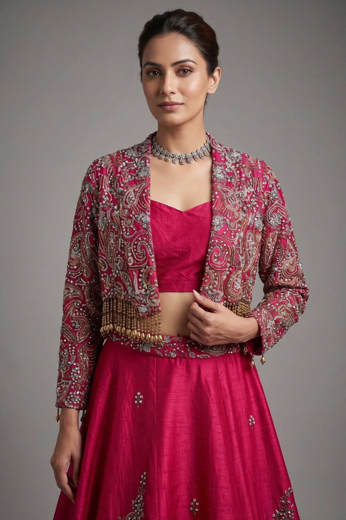 Deep Maroon Designer Handworked Raw Silk Crop Top Lehenga with Jacket