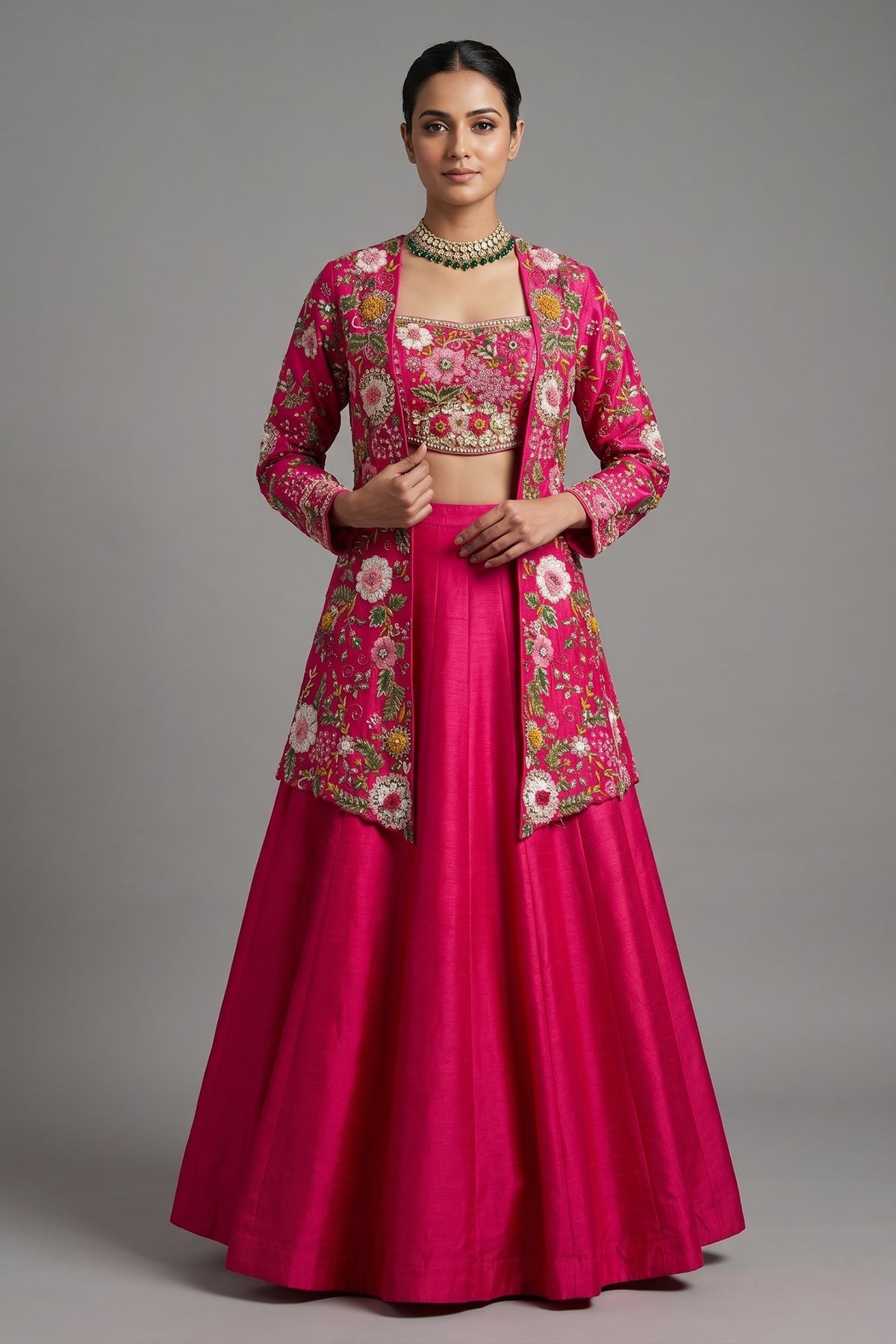 Pink Raw Silk Floral Embroidered and Beads Work Crop Top Lehenga with Jacket