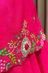 Pink Raw Silk Floral Embroidered and Beads Work Crop Top Lehenga with Jacket