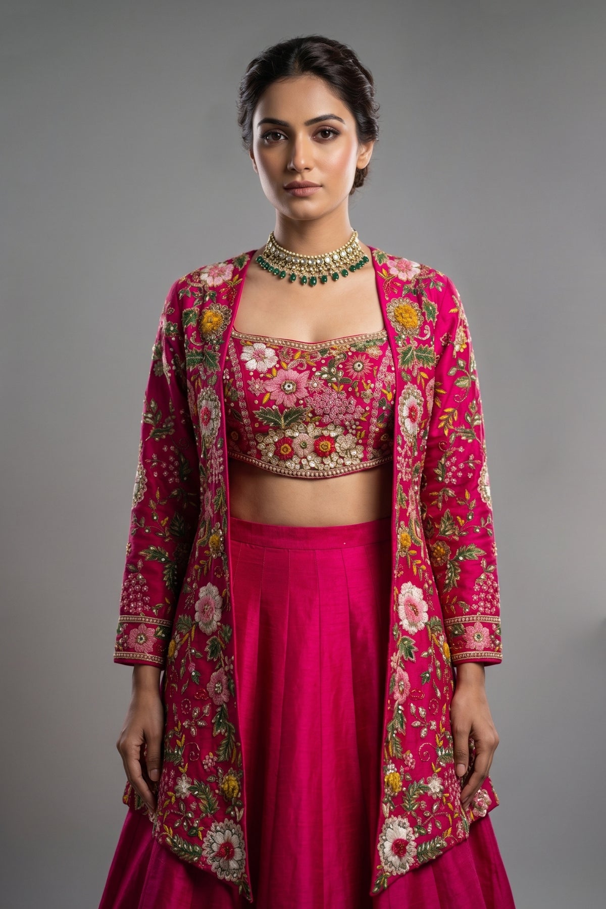 Pink Raw Silk Floral Embroidered and Beads Work Crop Top Lehenga with Jacket