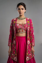 Pink Raw Silk Floral Embroidered and Beads Work Crop Top Lehenga with Jacket
