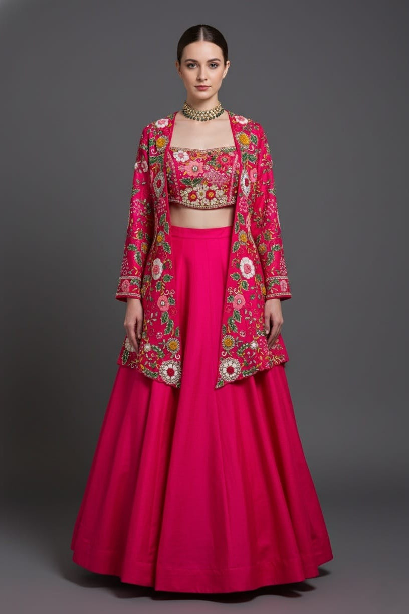 Pink Raw Silk Floral Embroidered and Beads Work Crop Top Lehenga with Jacket