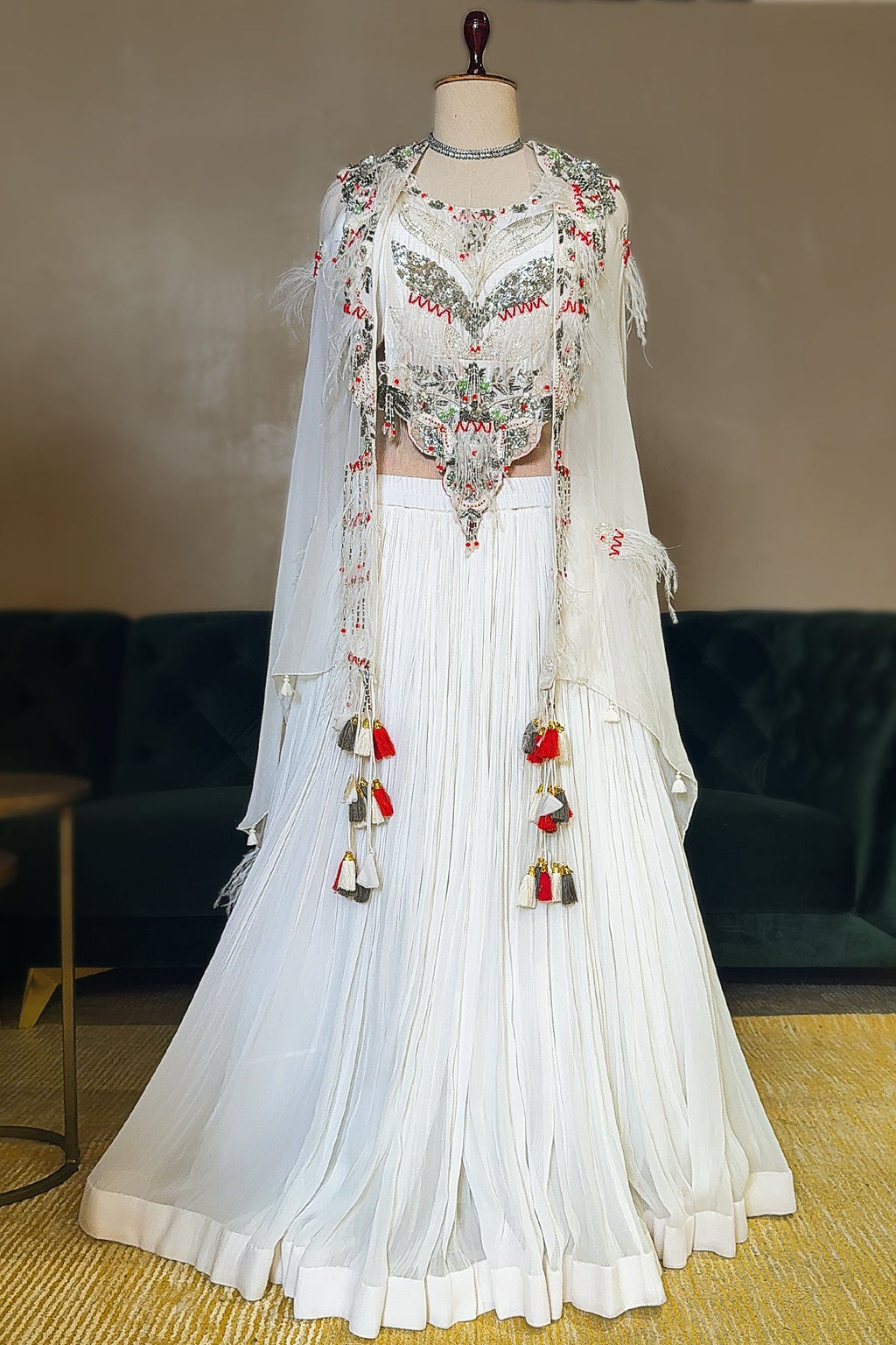 Pearl White Sequin Worked Georgette Crop Top Lehenga with Jacket