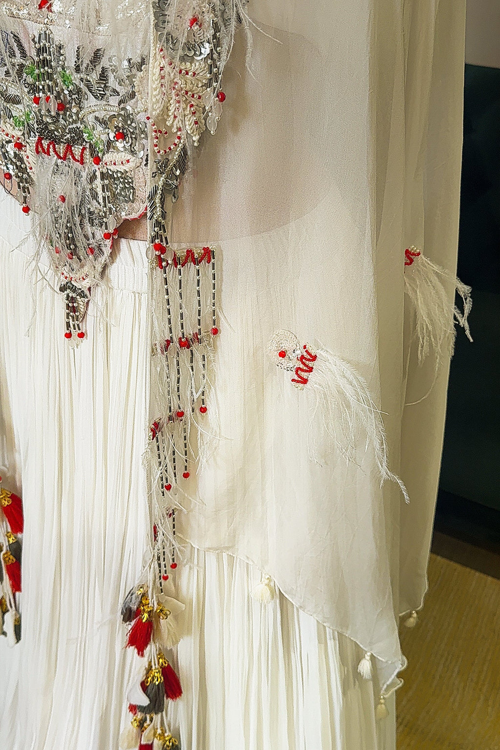 Pearl White Sequin Worked Georgette Crop Top Lehenga with Jacket