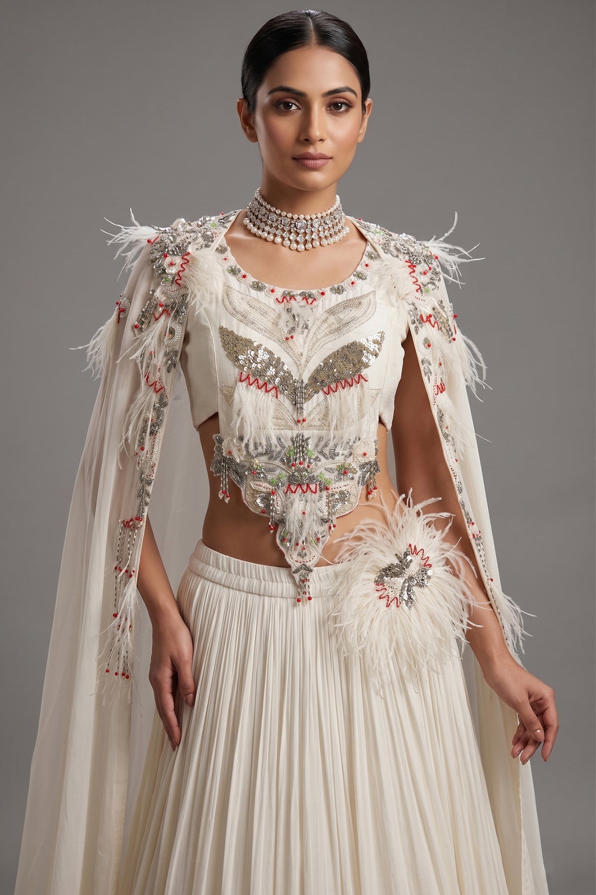 Pearl White Sequin Worked Georgette Crop Top Lehenga with Jacket