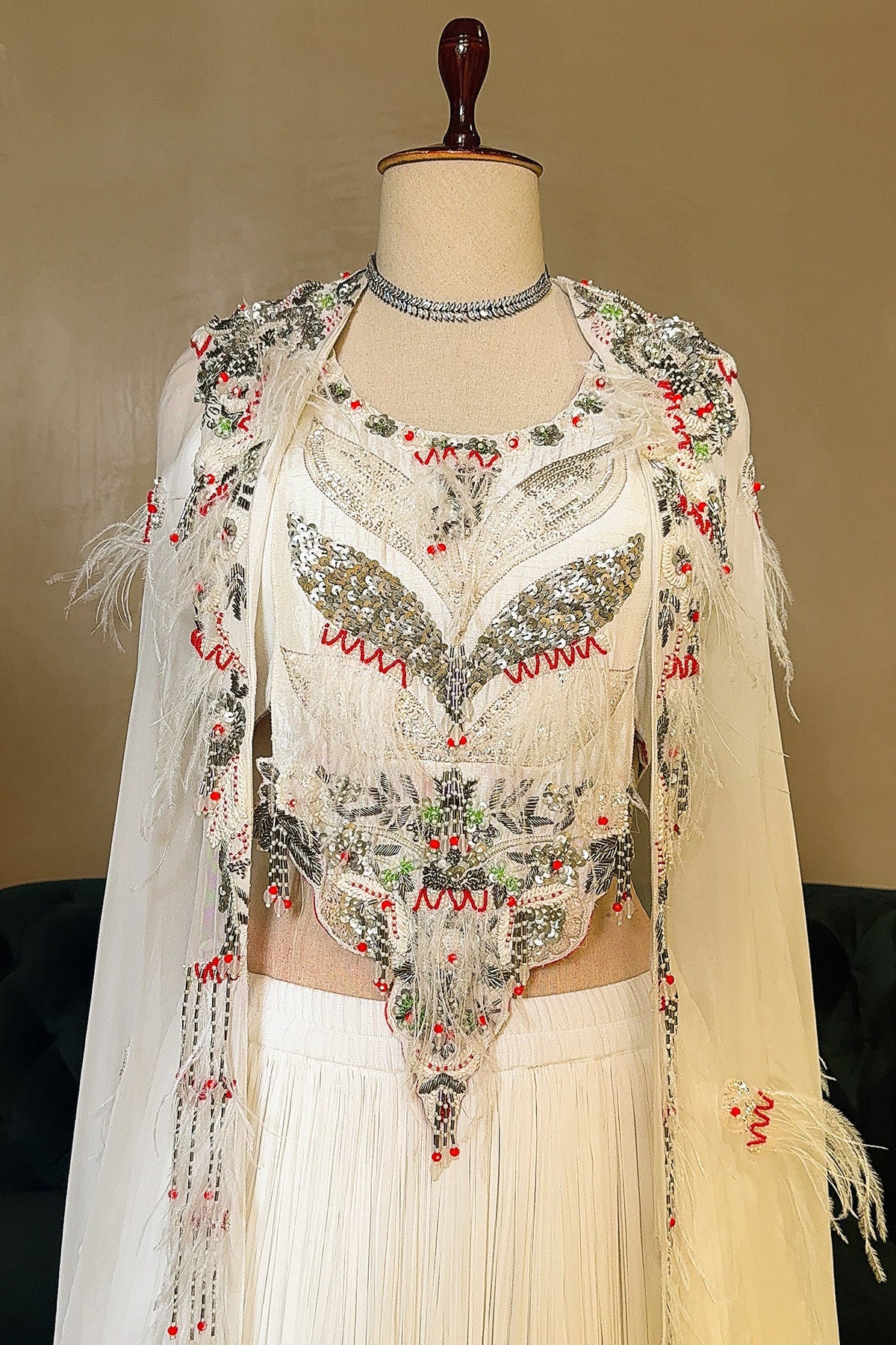 Pearl White Sequin Worked Georgette Crop Top Lehenga with Jacket
