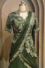 Green Chinon Chiffon Lehenga with Attached Dupatta and Long Top