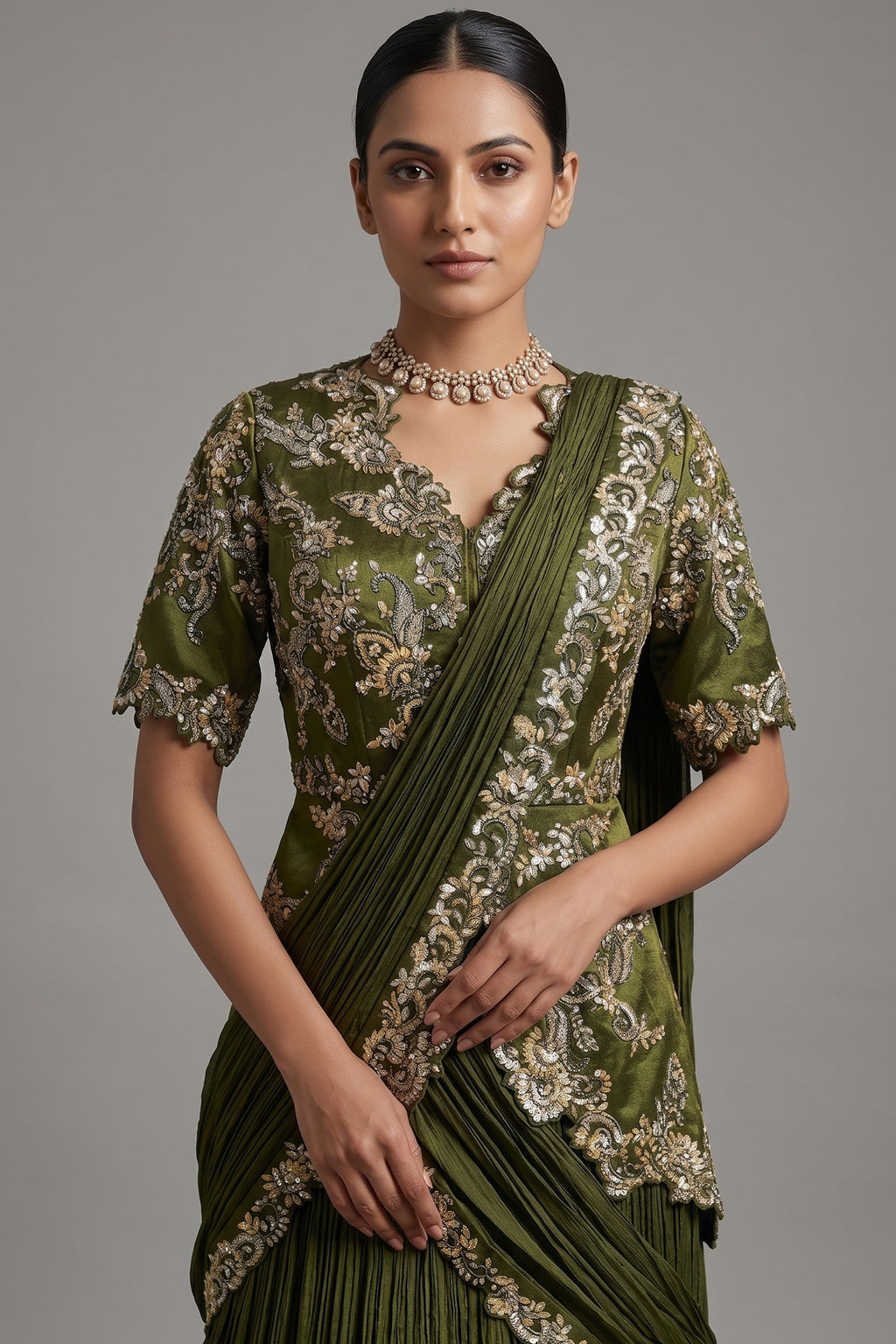 Green Chinon Chiffon Lehenga with Attached Dupatta and Long Top