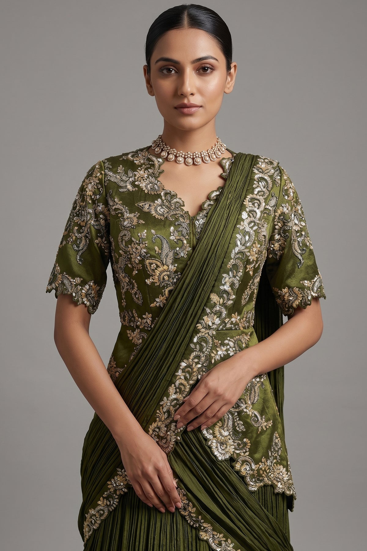 Green Chinon Chiffon Lehenga with Attached Dupatta and Long Top