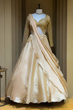 Beige Glass Tissue Handworked Crop Top Lehenga with Attached Dupatta