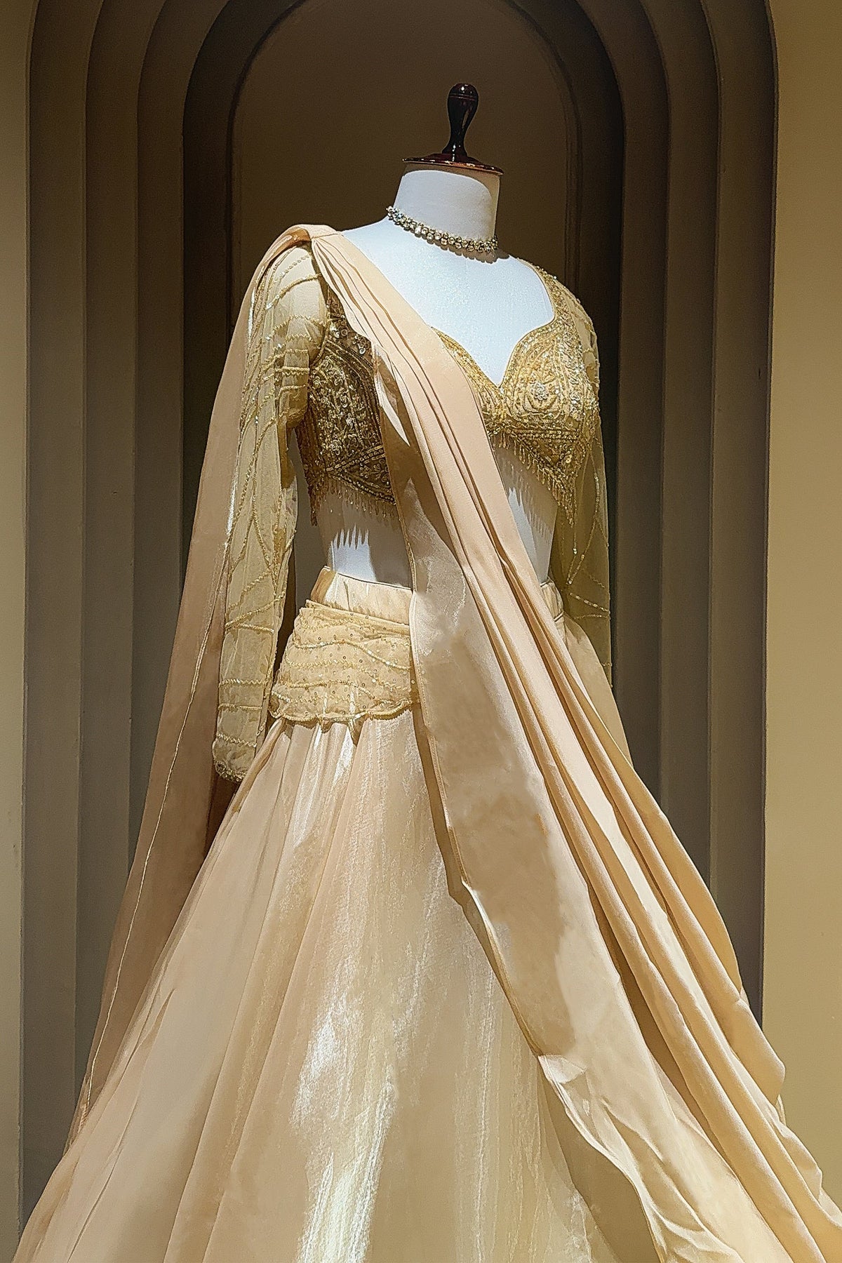 Beige Glass Tissue Handworked Crop Top Lehenga with Attached Dupatta