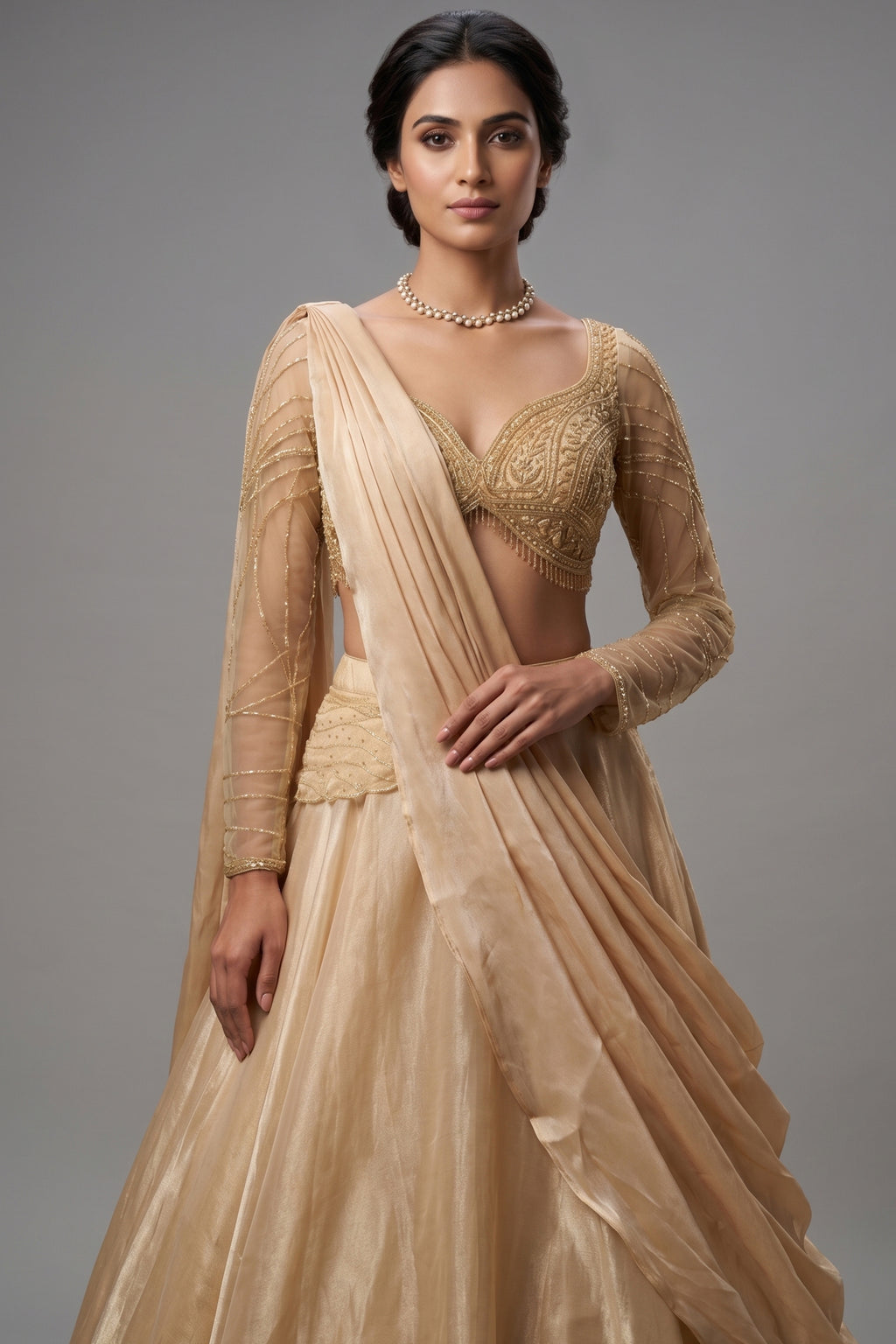 Beige Glass Tissue Handworked Crop Top Lehenga with Attached Dupatta
