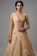 Beige Glass Tissue Handworked Crop Top Lehenga with Attached Dupatta