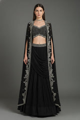 Black Chinon Chiffon Beaded Crop Top Lehenga with Attached Dupatta and Long Jacket