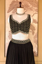 Black Chinon Chiffon Beaded Crop Top Lehenga with Attached Dupatta and Long Jacket