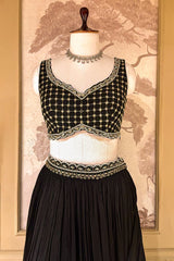 Black Chinon Chiffon Beaded Crop Top Lehenga with Attached Dupatta and Long Jacket