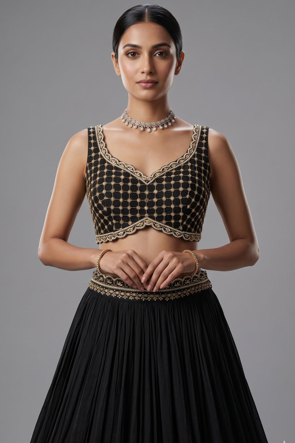 Black Chinon Chiffon Beaded Crop Top Lehenga with Attached Dupatta and Long Jacket