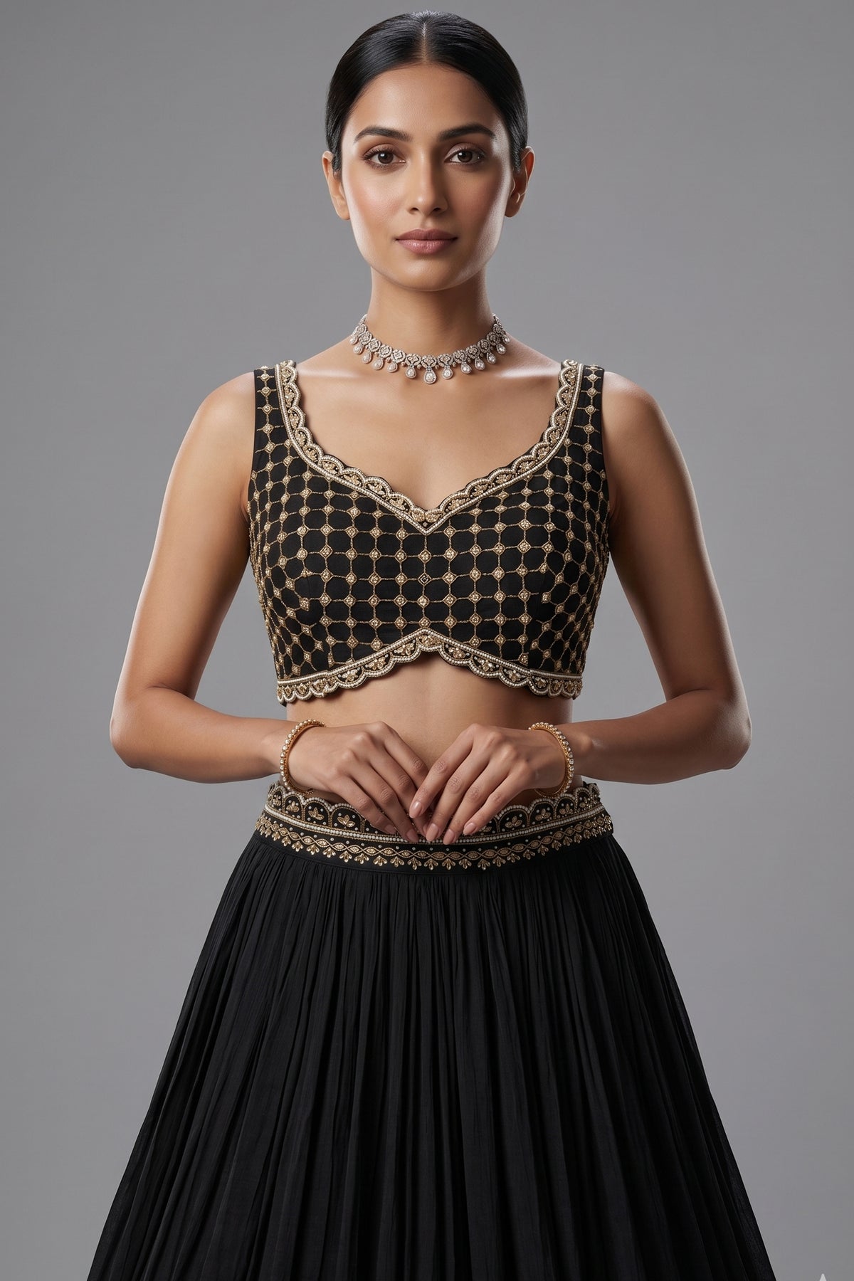 Black Chinon Chiffon Beaded Crop Top Lehenga with Attached Dupatta and Long Jacket
