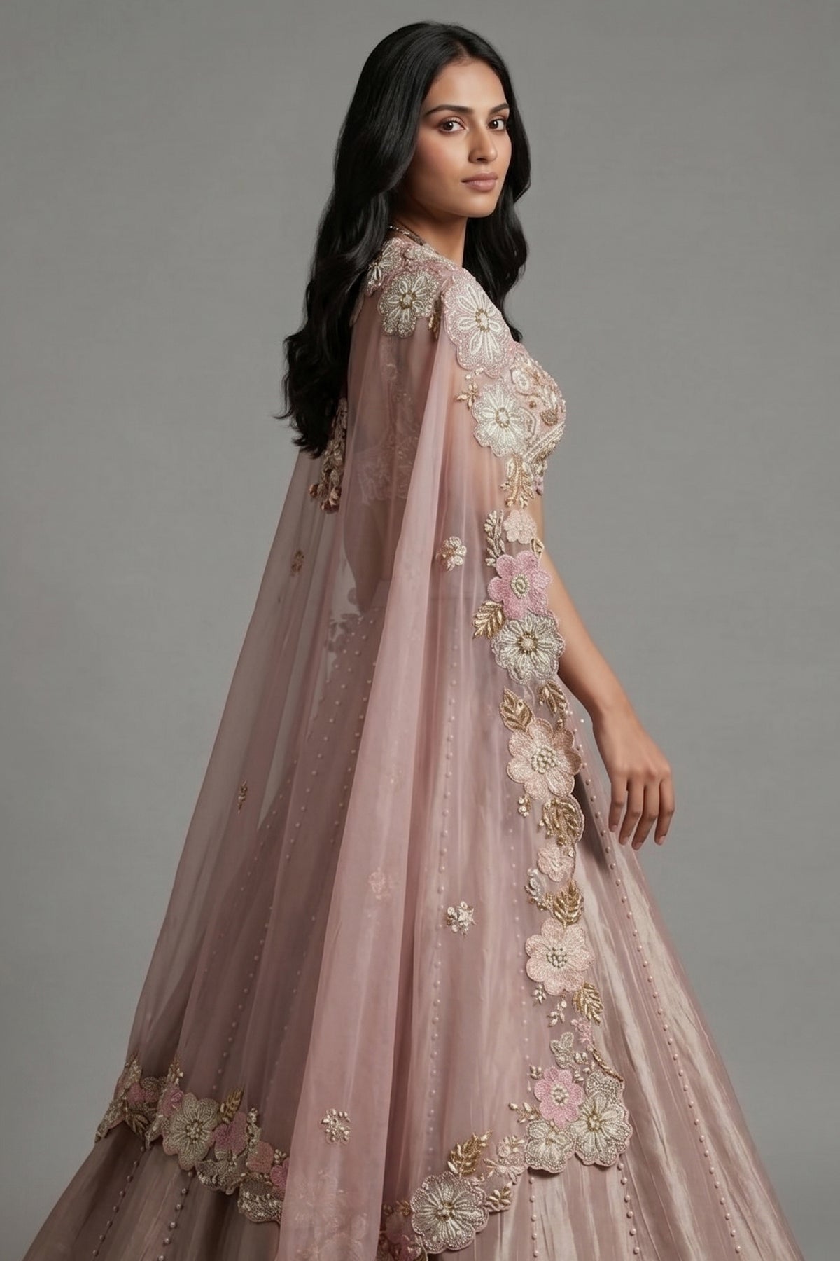 Mauve Silk Designer Sequin Beaded Crop Top Lehenga with Cape Jacket