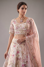 Cream Designer Floral Work Lehenga with Beaded and Mirror Work